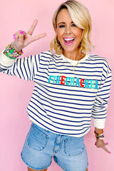 Blue Stripe Chenille FIRECRACKER Embroidered Sweatshirt Sweatshirts & Hoodies JT's Designer Fashion