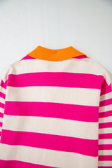 Rose Stripe Color Block Collared V Neck Drop Shoulder Sweater Sweaters JT's Designer Fashion
