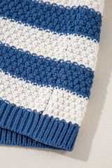 Blue Stripe V Neck Pocketed Drawstring Hooded Sweater Sweaters JT's Designer Fashion