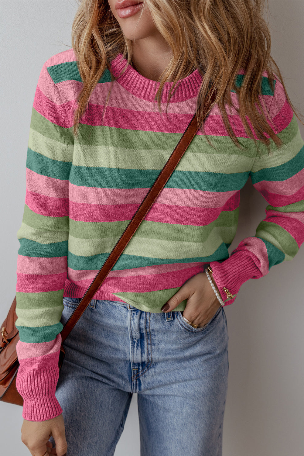 Green Color Block Ribbed Edge Round Neck Sweater Green 42%Polyester+28%PBT+20%Acrylic+10%Polyamide Sweaters JT's Designer Fashion