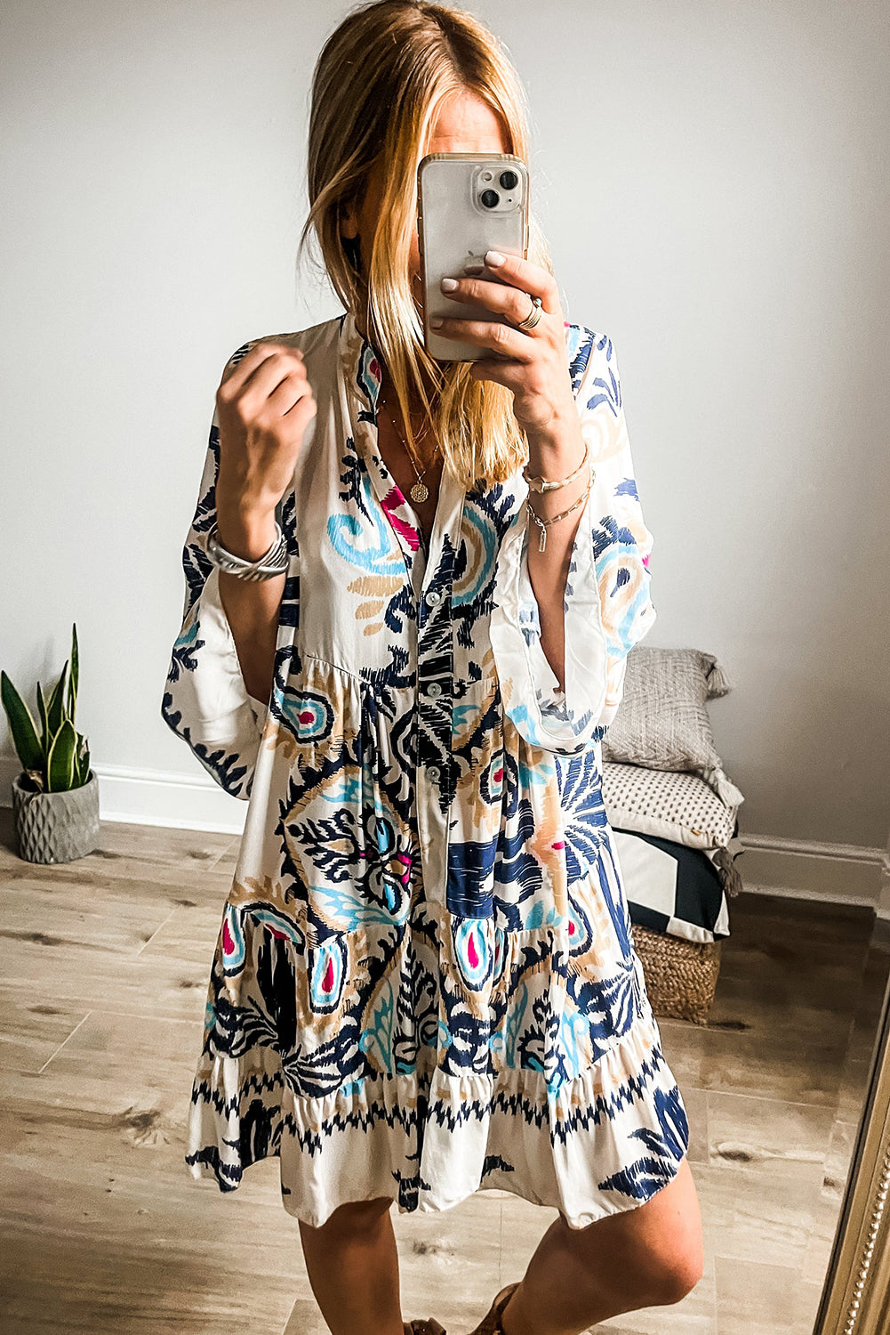 White Printed Tribal Bracelet Sleeve Buttoned Mini Dress Mini Dresses JT's Designer Fashion
