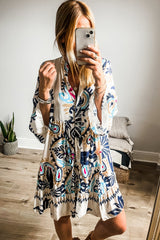 White Printed Tribal Bracelet Sleeve Buttoned Mini Dress Mini Dresses JT's Designer Fashion