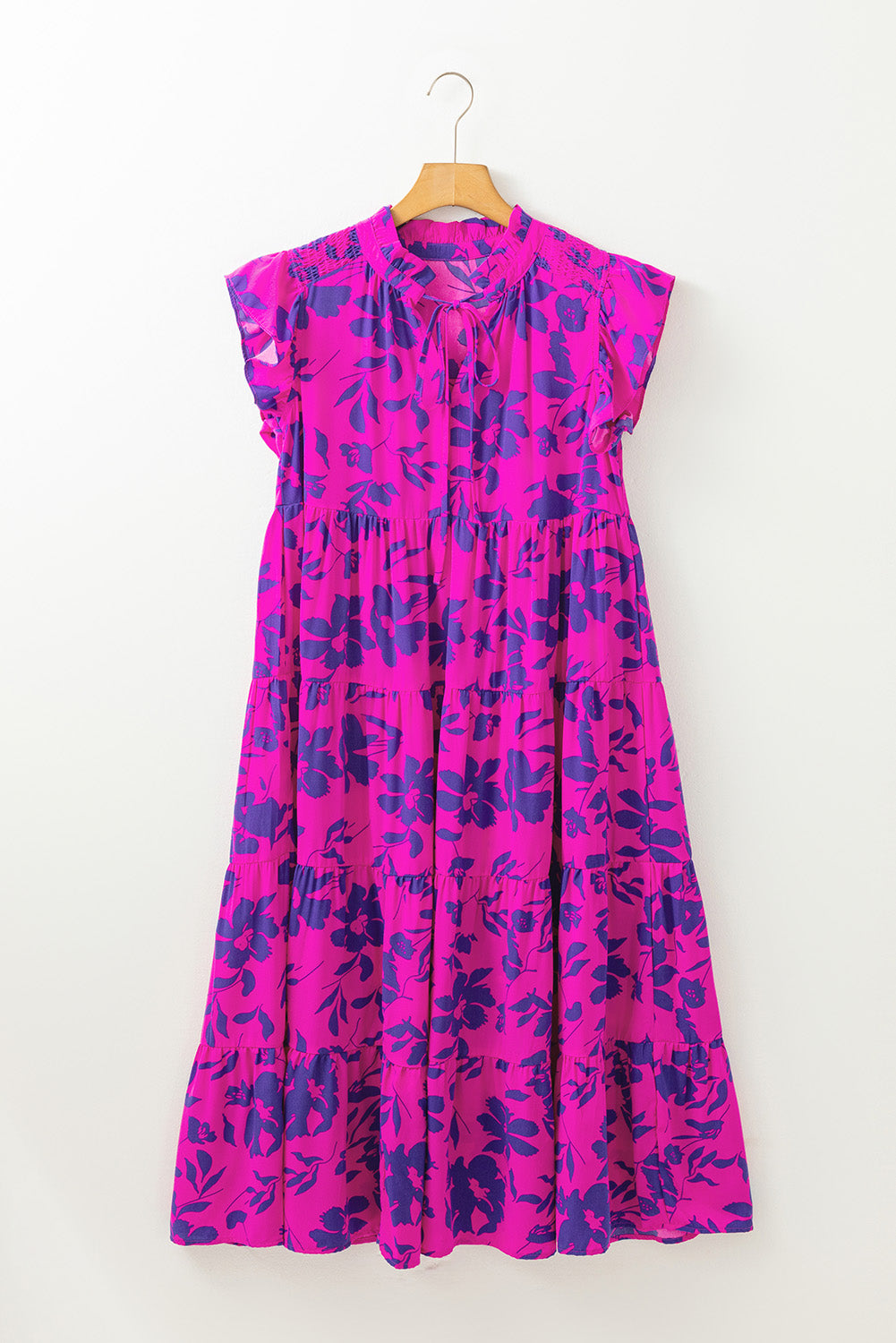 Rose Floral Print Tiered Frilled Trim Flutter Sleeve Maxi Dress Floral Dresses JT's Designer Fashion
