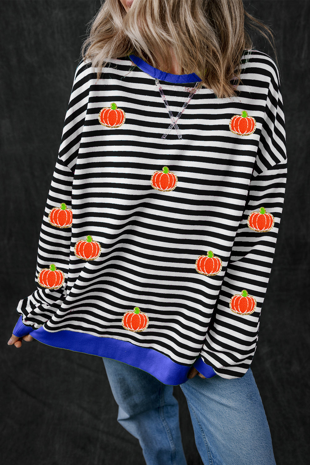 Black Stripe Glitter Halloween Pumpkin Print Oversized Sweatshirt Black Stripe 95%Cotton+5%Elastane Graphic Sweatshirts JT's Designer Fashion