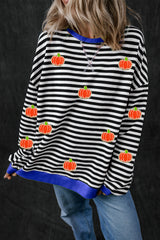 Black Stripe Glitter Halloween Pumpkin Print Oversized Sweatshirt Black Stripe 95%Cotton+5%Elastane Graphic Sweatshirts JT's Designer Fashion