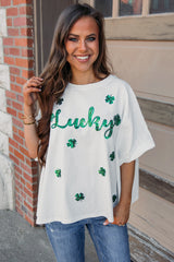 White St Patrick Lucky Clover Sequin Graphic T Shirt Graphic Tees JT's Designer Fashion
