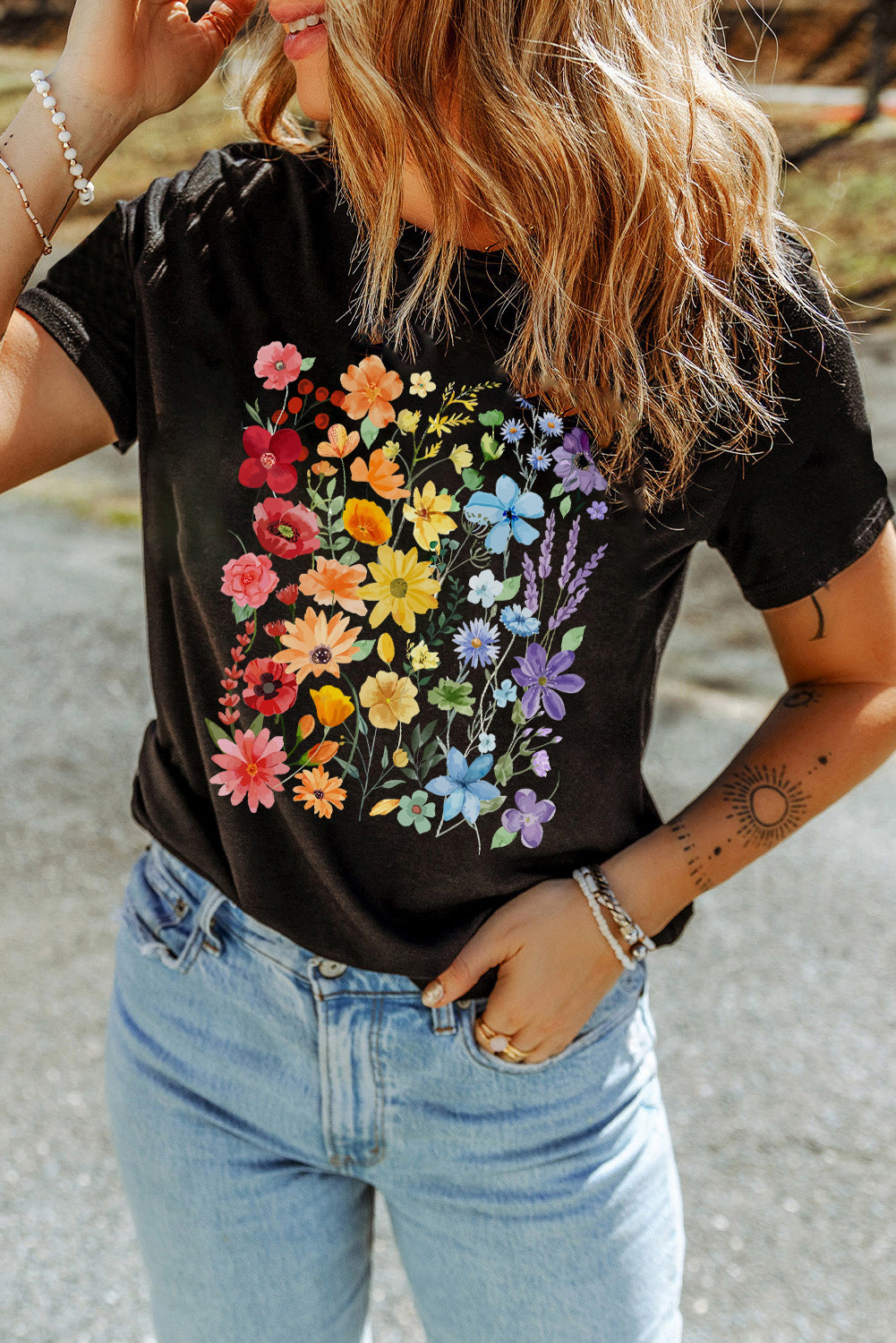 Black Beautiful Flower Print Cotton Blend Casual Tee Graphic Tees JT's Designer Fashion