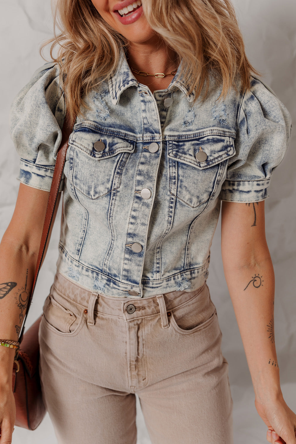 Beau Blue Light Wash Buttoned Chest Pocket Puff Sleeve Denim Jacket Beau Blue 75%Cotton+25%Polyester Denim Jackets JT's Designer Fashion