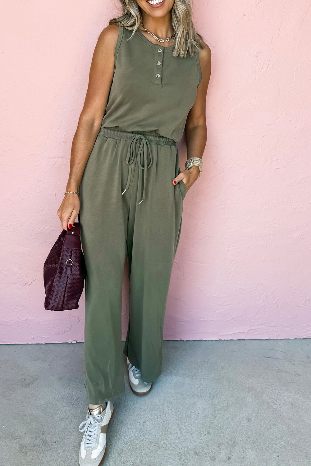 Vineyard Green Buttoned Drawstring Waist Sleeveless Wide Leg Jumpsuit Jumpsuits & Rompers JT's Designer Fashion