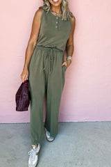 Vineyard Green Buttoned Drawstring Waist Sleeveless Wide Leg Jumpsuit Jumpsuits & Rompers JT's Designer Fashion