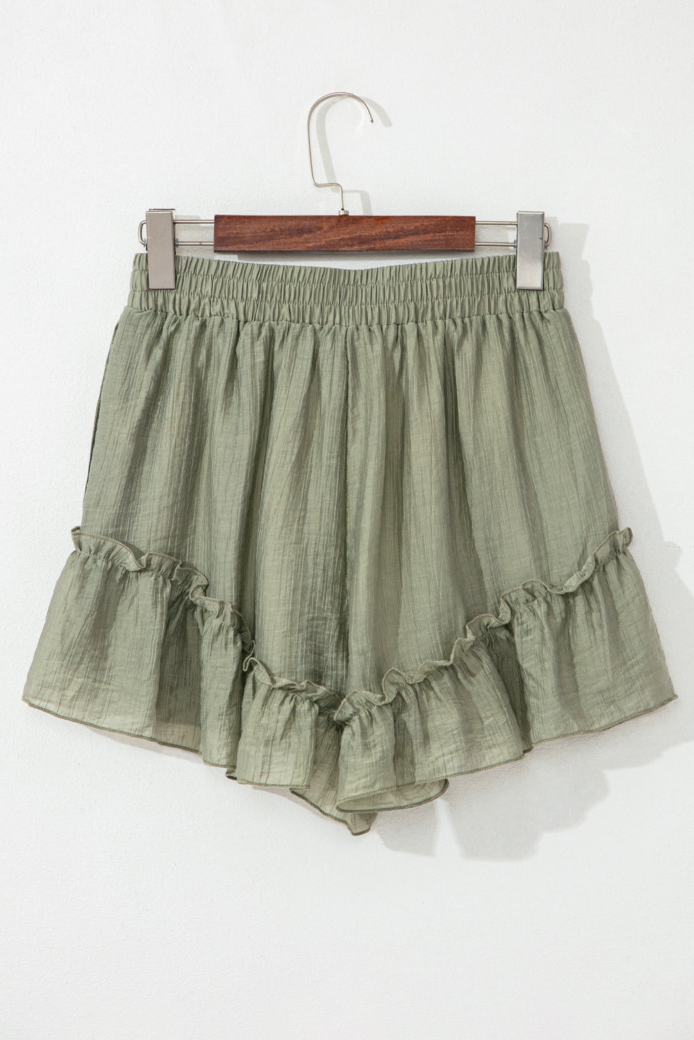 Laurel Green Textured Tie Waist Ruffle Hem Shorts Casual Shorts JT's Designer Fashion