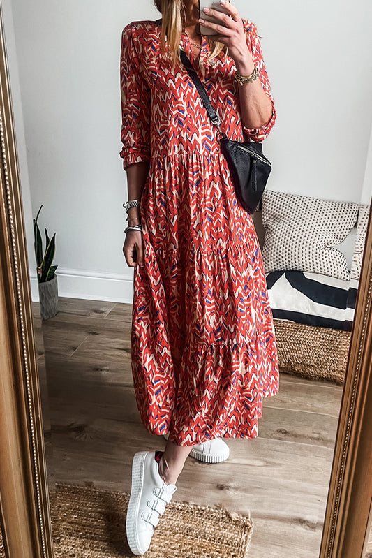 Orange Abstract Print V Neck Pleated High Waist Midi Dress Midi Dresses JT's Designer Fashion