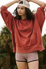 Red Clay Drop Shoulder Pocketed Baggy Drawstring Hoodie Sweatshirts & Hoodies JT's Designer Fashion