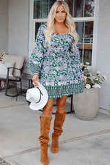 Green Floral Print Piping Trim Bubble Sleeve Square Neck Dress Floral Dresses JT's Designer Fashion