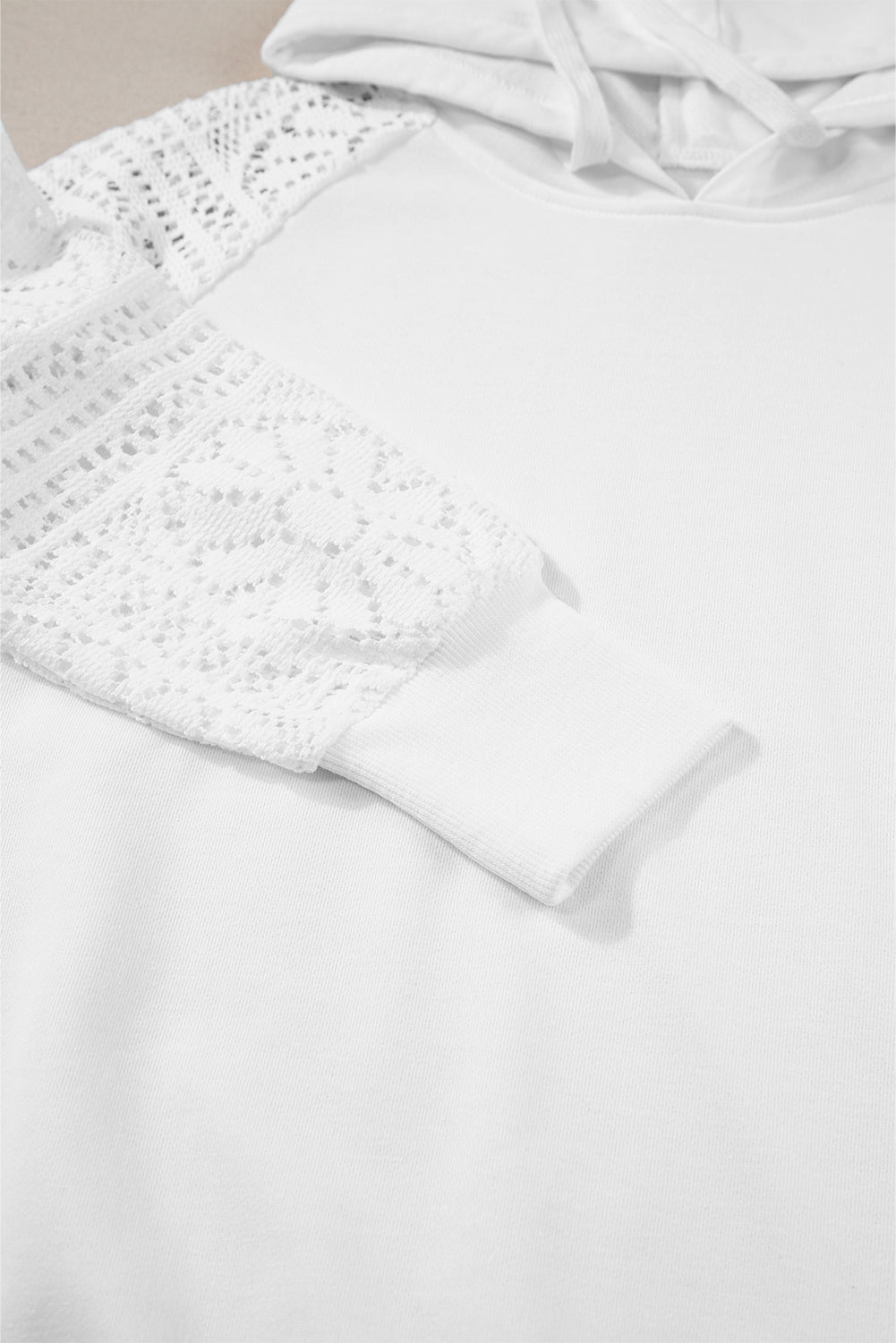 White Lace Patchwork Sleeve Drawstring Hoodie Sweatshirts & Hoodies JT's Designer Fashion
