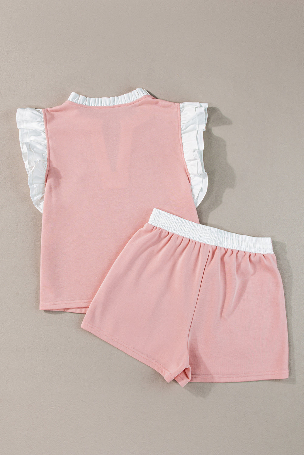 Light Pink Contrast Trim Ruffled Top and Drawstring Shorts Set Short Sets JT's Designer Fashion