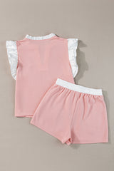 Light Pink Contrast Trim Ruffled Top and Drawstring Shorts Set Short Sets JT's Designer Fashion