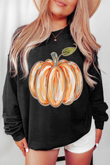 Black Thanksgiving Pumpkin Graphic Drop Shoulder Sweatshirt Black 50%Polyester+50%Cotton Graphic Sweatshirts JT's Designer Fashion