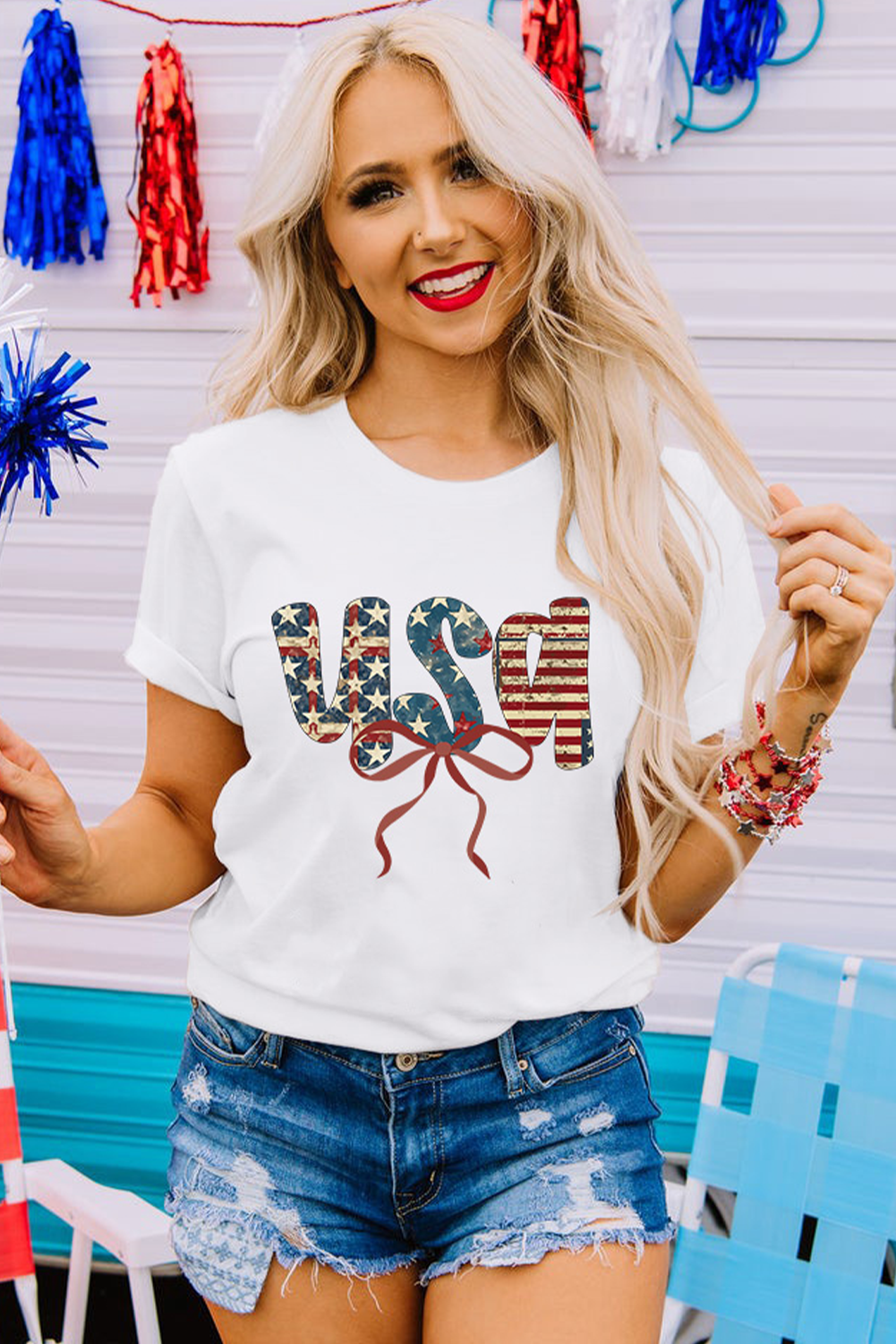 White usa Bow Letter Graphic Independence Day Fashion Tee Graphic Tees JT's Designer Fashion