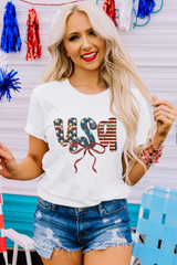 White usa Bow Letter Graphic Independence Day Fashion Tee Graphic Tees JT's Designer Fashion