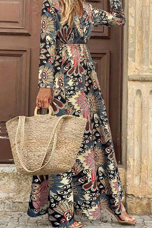 Black Floral Print V Neck Wrap High Waist Long Dress Maxi Dresses JT's Designer Fashion