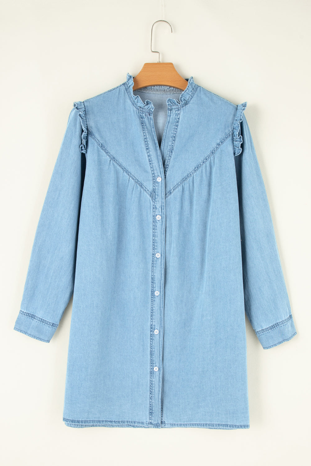 Button Up Notched Long Sleeve Denim Dress Mini Dresses JT's Designer Fashion