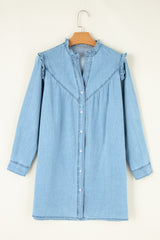 Button Up Notched Long Sleeve Denim Dress Mini Dresses JT's Designer Fashion