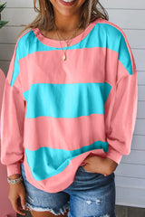Light Blue Colorblock Striped Drop Shoulder Loose Top Long Sleeve Tops JT's Designer Fashion
