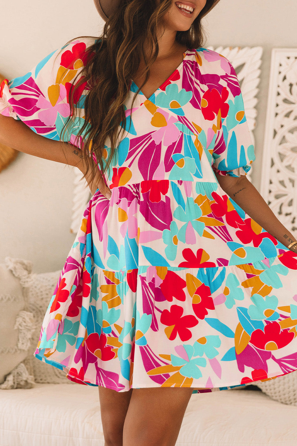Rose Red Floral Bubble Sleeve V Neck Tiered Ruffle Babydoll Dress Floral Dresses JT's Designer Fashion