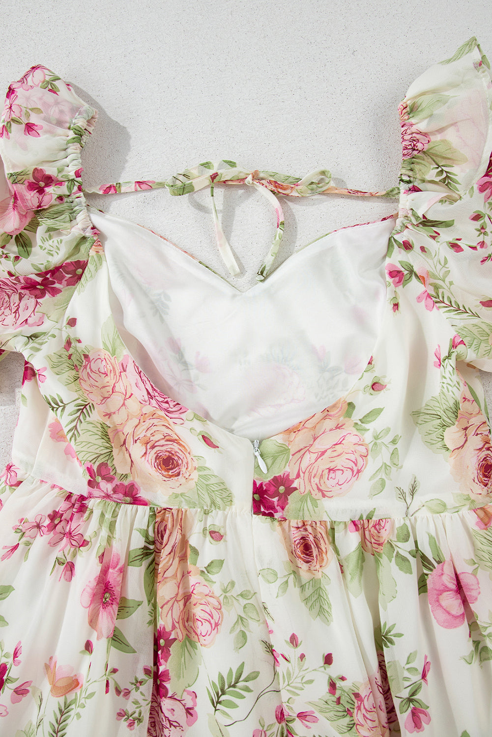 White Vibrant Floral Bubble Sleeve Sweetheart Neck Ruffle Mini Dress Floral Dresses JT's Designer Fashion
