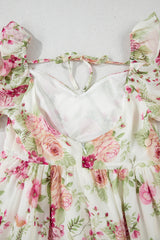 White Vibrant Floral Bubble Sleeve Sweetheart Neck Ruffle Mini Dress Floral Dresses JT's Designer Fashion