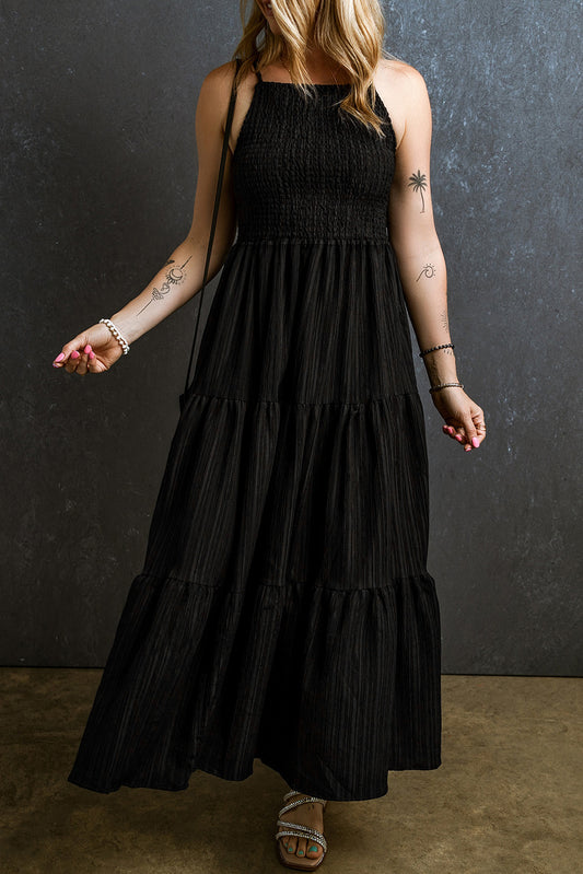Black Spaghetti Straps Smocked Pleated Tiered Long Dress Black 68%Cotton+26.5%polyester+5.5%Elastane Maxi Dresses JT's Designer Fashion