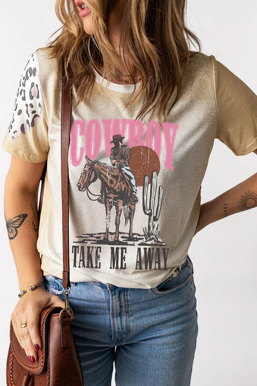 Khaki Western Cowboy TAKE ME AWYA Bleached Graphic T Shirt Graphic Tees JT's Designer Fashion