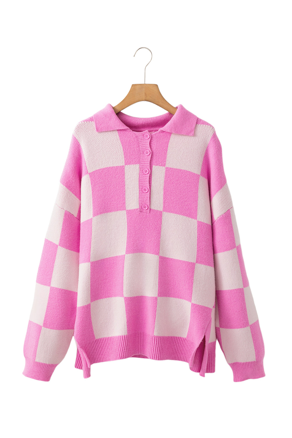 Pink Checkerboard Half Button Collared Drop Shoulder Sweater Sweaters JT's Designer Fashion