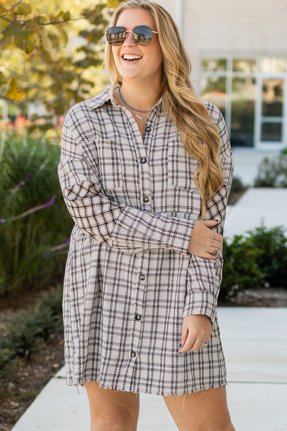 White Stripe Plus Size Plaid Buttoned Raw Hem Tunic Shirt Dress White Stripe 100%Polyester Plus Size Midi Dresses JT's Designer Fashion