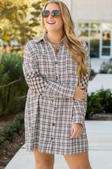 White Stripe Plus Size Plaid Buttoned Raw Hem Tunic Shirt Dress White Stripe 100%Polyester Plus Size Midi Dresses JT's Designer Fashion