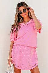 Pink Contrast Bow Trim Pearl Puff Sleeve Blouse and Skort 2pcs Set Short Sets JT's Designer Fashion