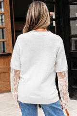 Beige Lace Sleeve Patchwork Faux Two-piece Fuzzy Sweater Sweaters JT's Designer Fashion