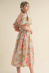 Apricot Pink Floral Smocked Bust Bubble Short Sleeve Long Dress Maxi Dresses JT's Designer Fashion