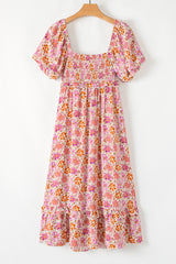 Pink Floral Square Neck Knotted Ruffle Midi Dress Floral Dresses JT's Designer Fashion