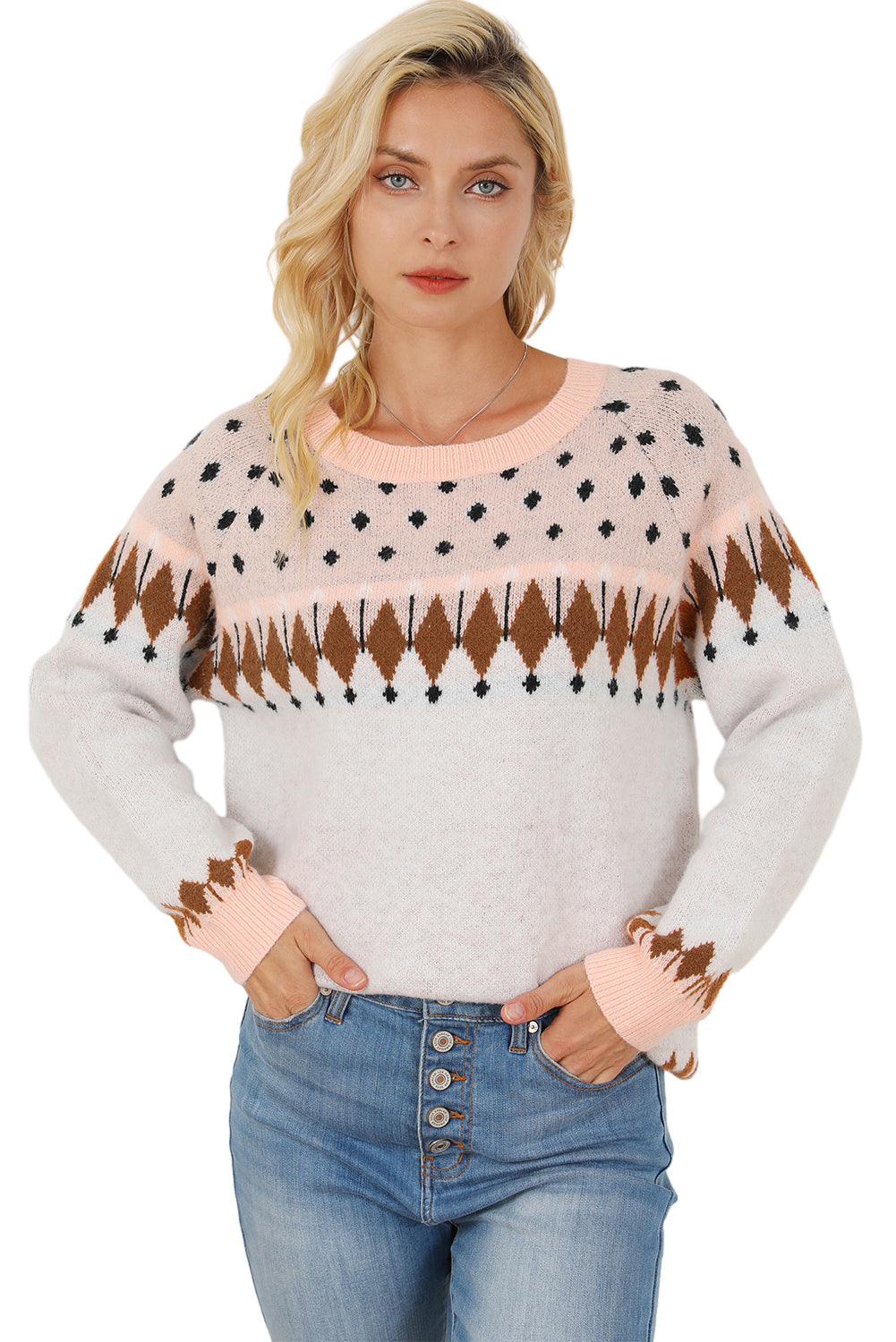 Multicolor Mixed Geometric Detail Raglan Sleeve Sweater Sweaters & Cardigans JT's Designer Fashion