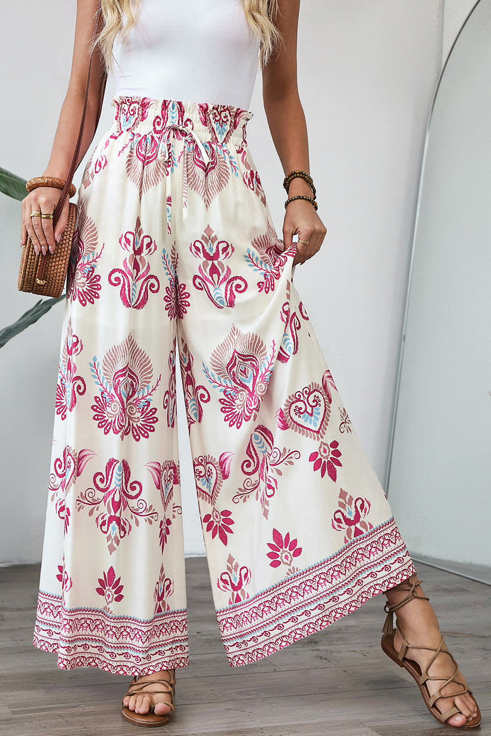 Rose Boho Printed Shirred High Waist Flowy Wide Leg Pants Pants & Culotte JT's Designer Fashion