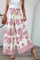 Rose Boho Printed Shirred High Waist Flowy Wide Leg Pants Pants & Culotte JT's Designer Fashion