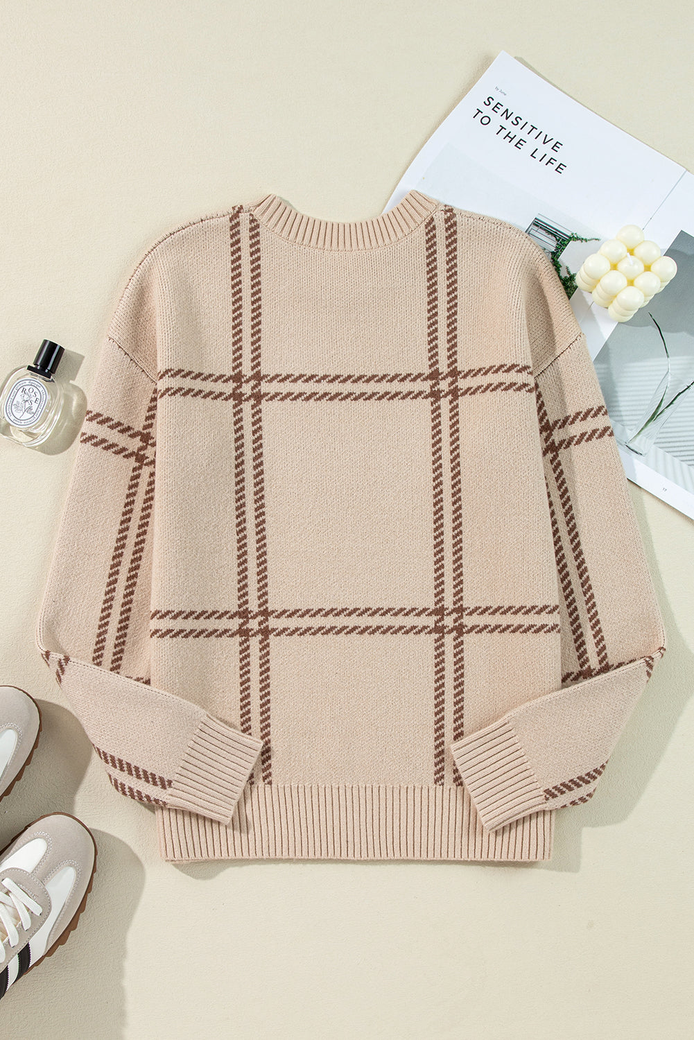 Khaki Plaid Pattern Knitted Drop Shoulder Sweater Sweaters JT's Designer Fashion