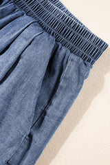 Light Blue Denim Cuffed Sleeve Tee Elastic Shorts Set Short Sets JT's Designer Fashion