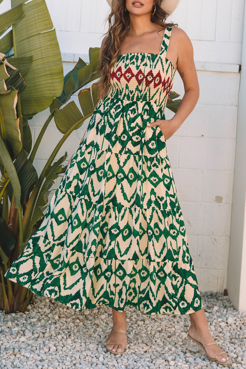 Green Western Aztec Shirred A-line Sleeveless Long Dress Maxi Dresses JT's Designer Fashion