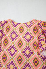 Orange Geometric Floral V Neck Buttoned Ruffled Sleeve Mini Dress Mini Dresses JT's Designer Fashion