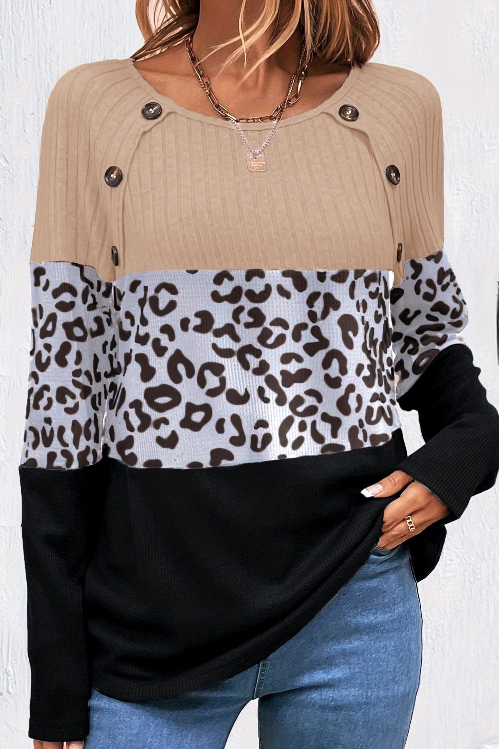 Black Cheetah Textured Patchwork Buttoned Round Neck T Shirt Long Sleeve Tops JT's Designer Fashion
