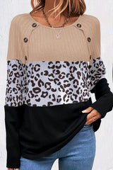 Black Cheetah Textured Patchwork Buttoned Round Neck T Shirt Long Sleeve Tops JT's Designer Fashion