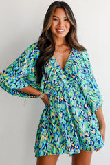 Green Abstract Print Puff Sleeve V Neck High Waist Romper Jumpsuits & Rompers JT's Designer Fashion